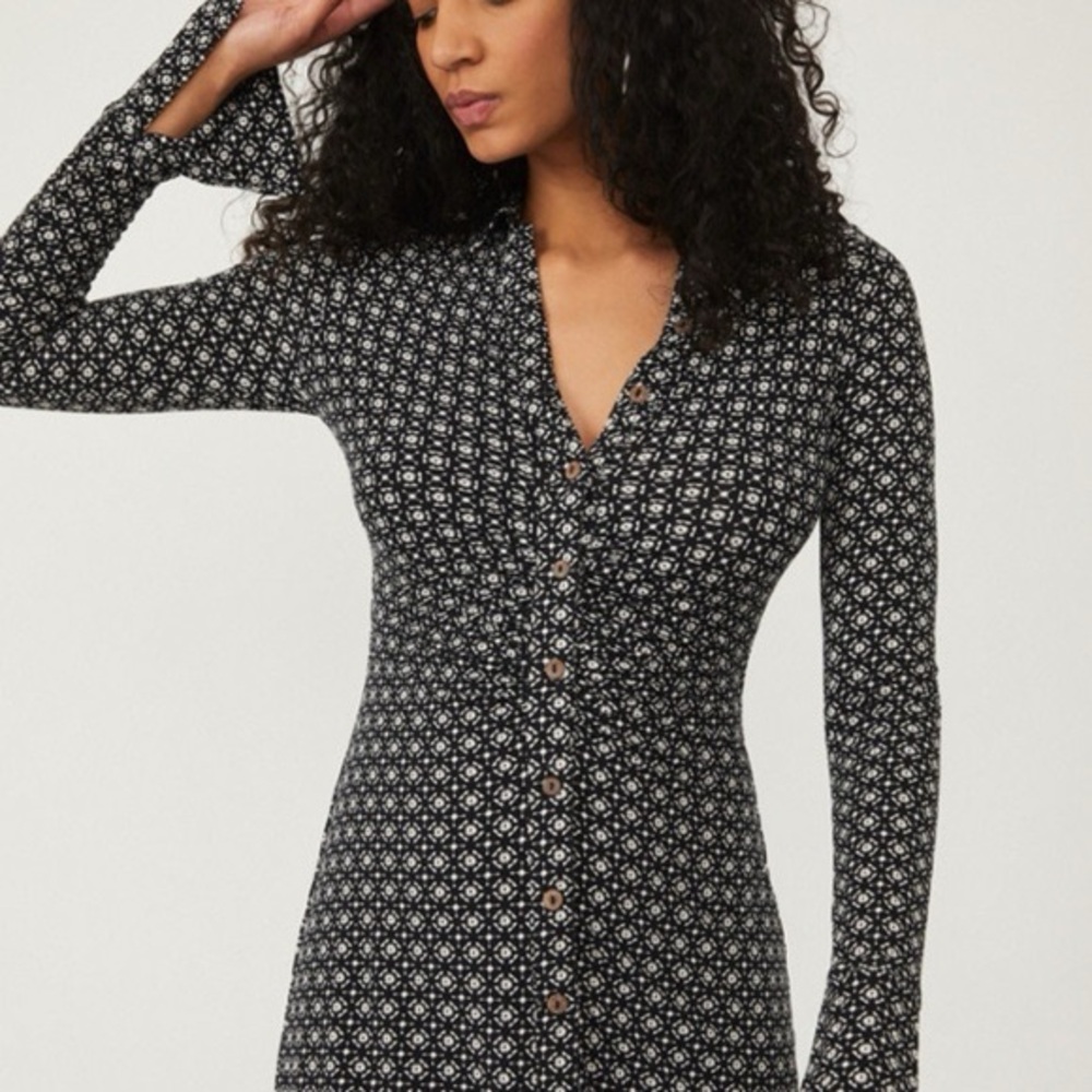 Free People Black and White Shayla Long Sleeve Button Mini Dress - Picture 4 of 5